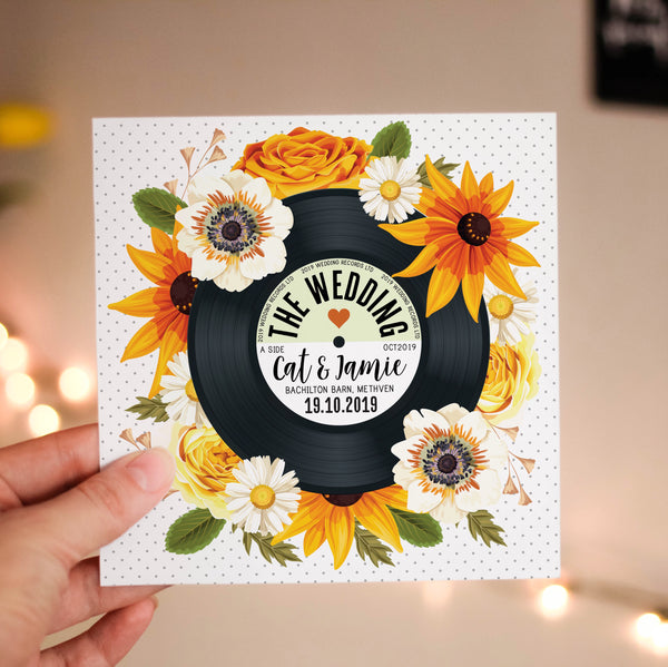 Floral Vinyl Record Inspired Wedding Invitations (Sunflowers) Summer Autumn