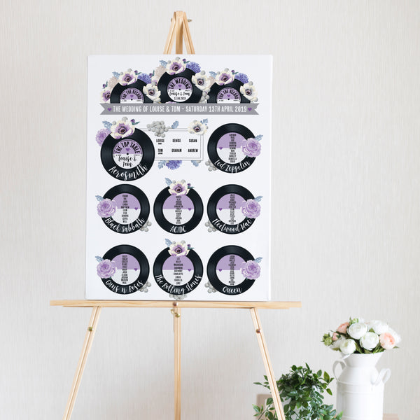 Wedding Table Plan - Printed Floral Vinyl Record Design Purple