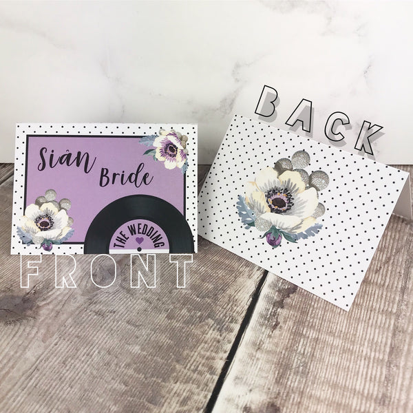 Wedding Name Place Cards - Floral Vinyl Record Design Purple