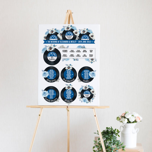 Wedding Table Plan - Printed Floral Vinyl Record Design Royal Blue