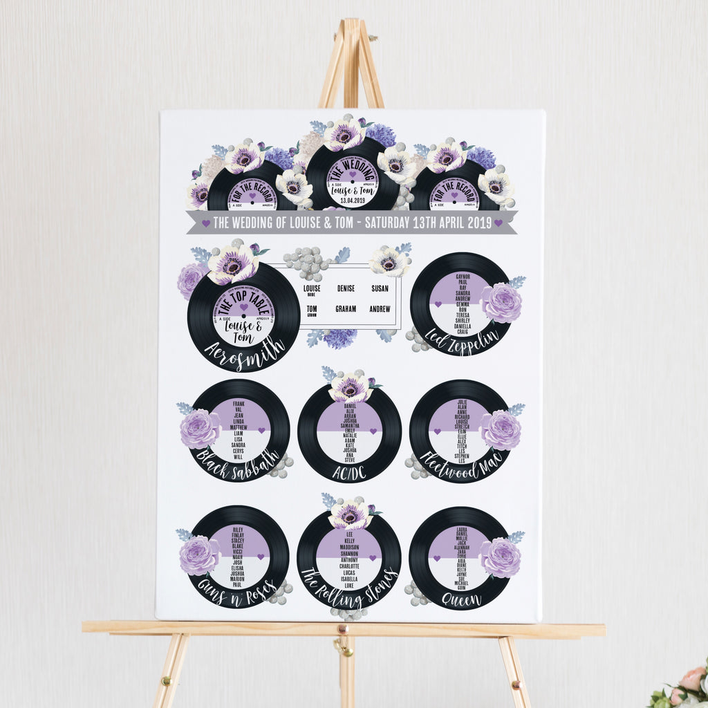 Wedding Table Plan - Printed Floral Vinyl Record Design Purple