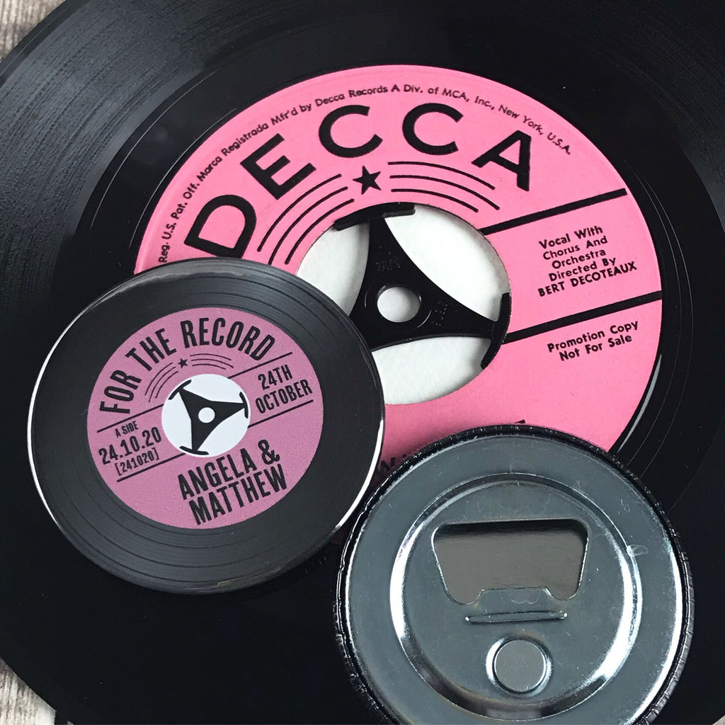 Wedding Favour Bottle Openers - Pink Vinyl Record Design