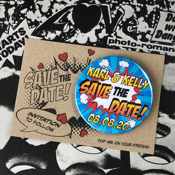 Save The Date Magnets Comic Book Design with Mini Backing Cards