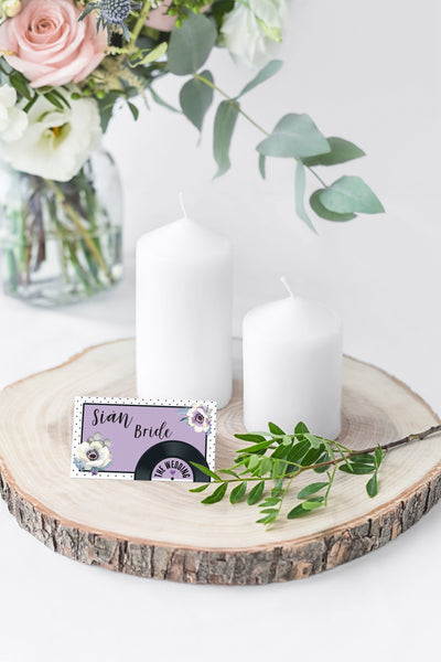 Wedding Name Place Cards - Floral Vinyl Record Design Purple