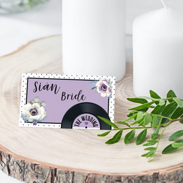 Wedding Name Place Cards - Floral Vinyl Record Design Purple